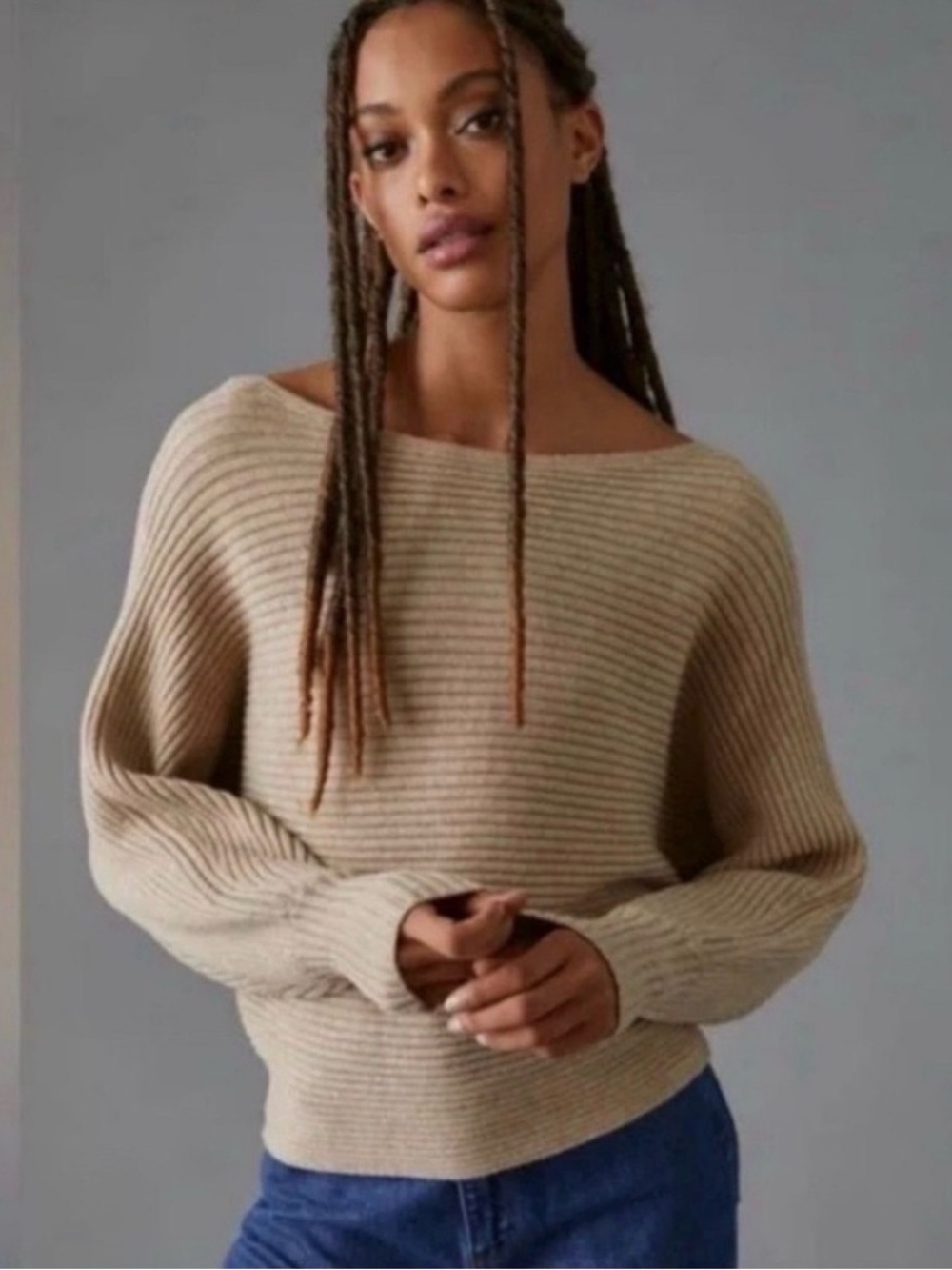 Anthropologie Beige Taupe Ribbed Dolman Sleeve Sweater Small